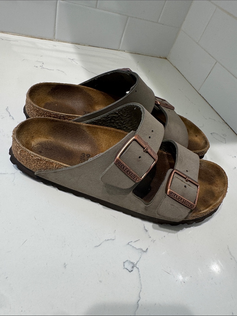 Birkenstock Taupe Double Buckle Sandals with Copper Buckles - Picture 4 of 10